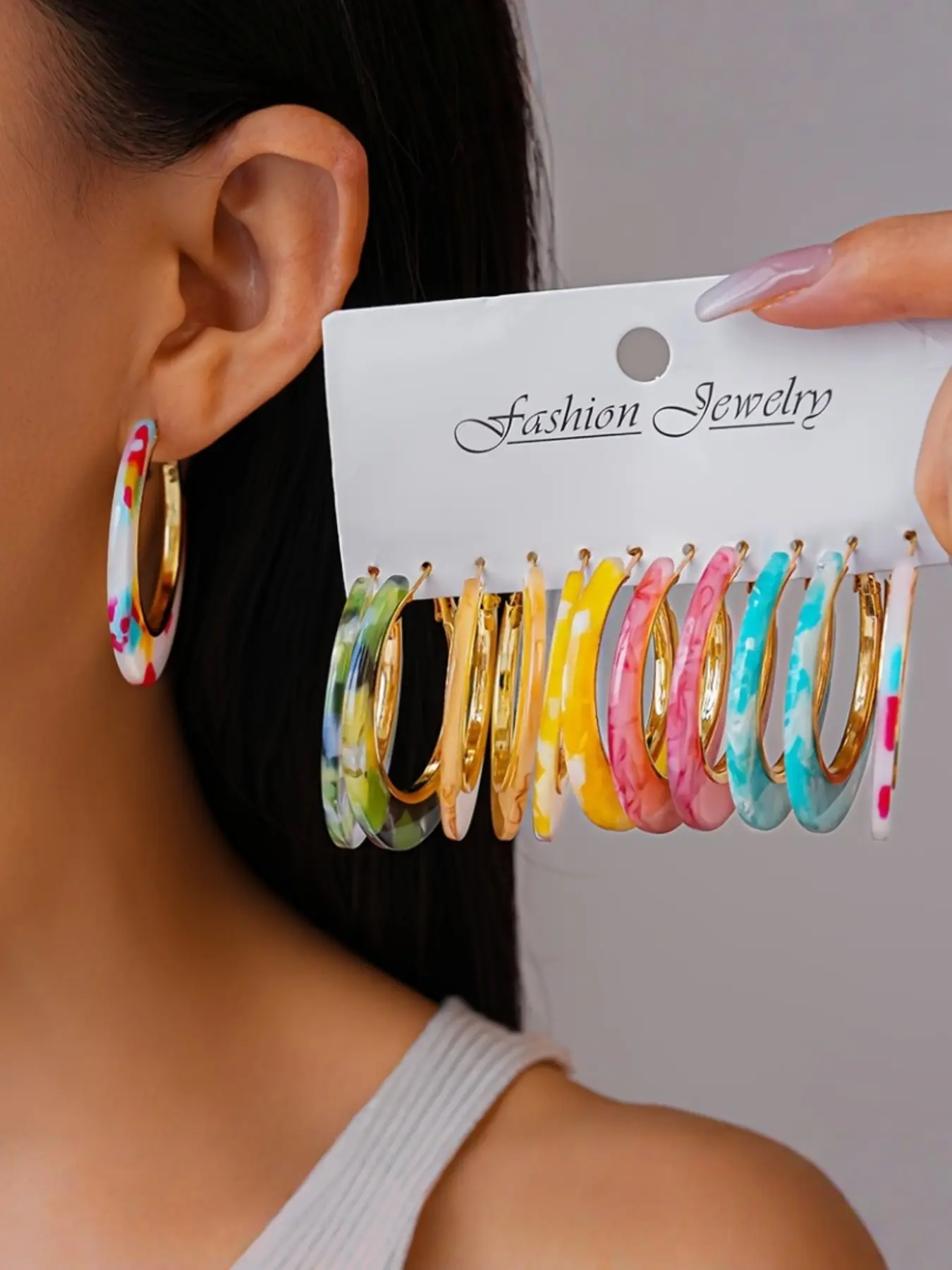 12 pieces of acetate fiber C-shaped leopard print gradient color silver needle earrings, unique and niche exaggerated personality earrings, niche fashion, unique design, lightweight earrings, made of acetate fiber, Earring Set, for style enthusiasts
