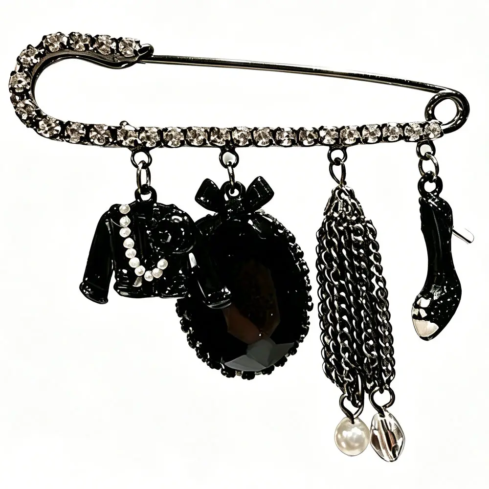 Retro British Black Gemstone Tassel Brooch Elegant Cardigan Suit Accessories Tassel Brooches Accessories
