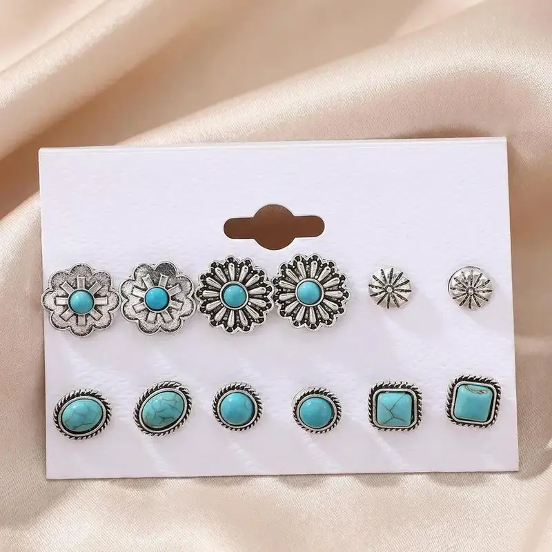 Boho Style Turquoise Decor Stud Earrings Set, High Quality Earrings, Fashionable Earrings, Fashion Flower & Round & Oval & Geometric Design Earrings for Women, Trendy All-match & Exquisite Jewelry for Gift, Stud Earring Sets
