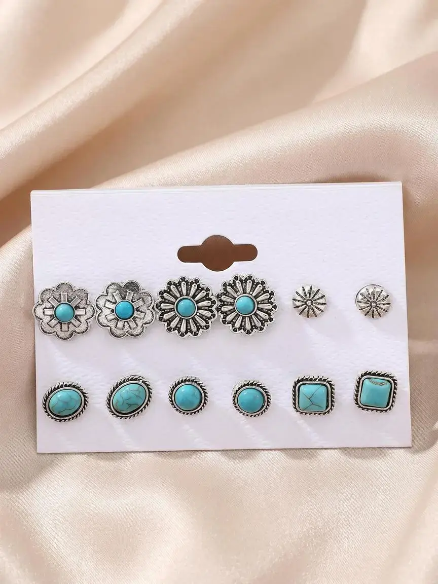 Boho Style Turquoise Decor Stud Earrings Set, High Quality Earrings, Fashionable Earrings, Fashion Flower & Round & Oval & Geometric Design Earrings for Women, Trendy All-match & Exquisite Jewelry for Gift, Stud Earring Sets