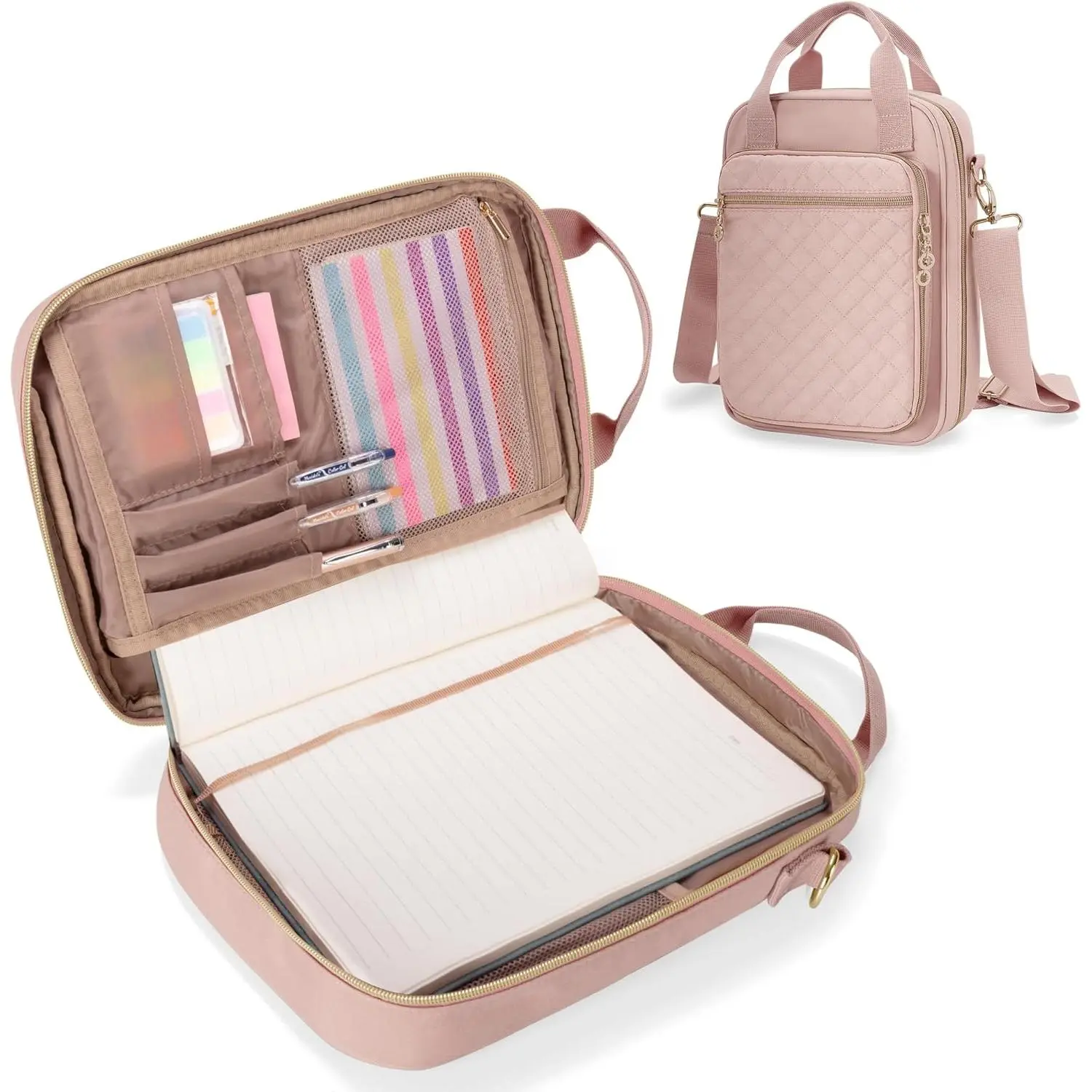 Quilted Journal Supplies Storage Case - Padded Liner, Pen Slotted Planner Bag with Strap, Zipper Closure Desk Organizer for B5 Notebooks, Pens & Office Stationery Accessories