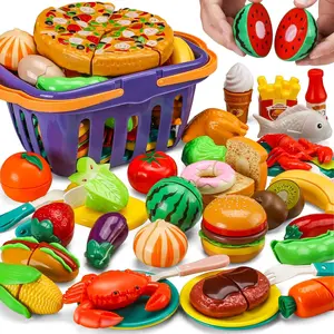 42 Items 87 Pcs Cutting Play Kitchen Set for Kids, Pretend Cooking Fruit &Vegetables&Fast Food with Storage Basket, Fake Food Toys for Toddler&Baby, Educational Gift for Girls Boys Children Birthdayfidget toys