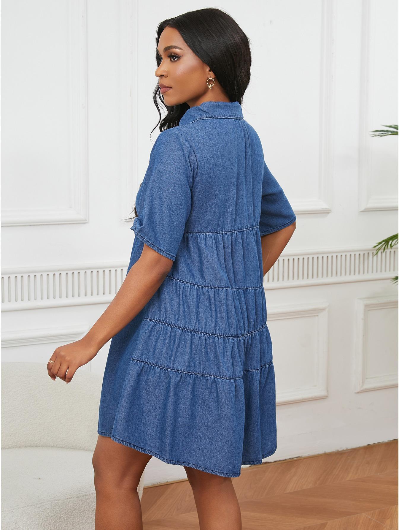 Women Trendy Denim Puff Dress Short Sleeve Loose Hem Casual Summer Women Outfit Comfortable Stylish Fashion