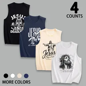 Men's Religious Graphic Tank Tops, 4-Piece Set with a Loose, Vintage Fit for Gym Workouts and Casual Streetwear