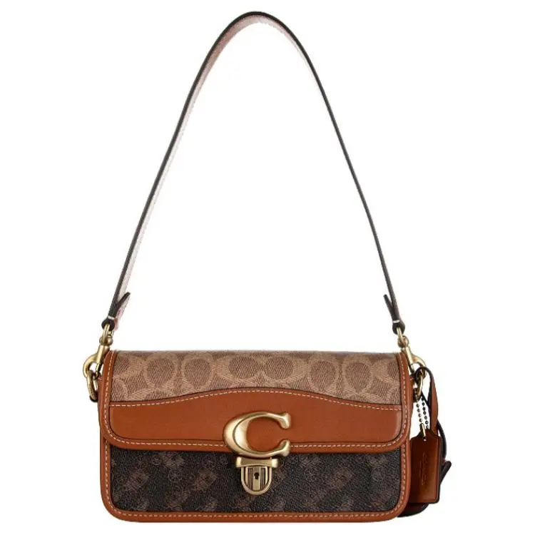 Coach Studio Baguette 20 Small Crossbody Bag for Women with Metal Logo and Monogram-Printed Faux Leather in Brown Verifiable, with credentials and supporting global authentication