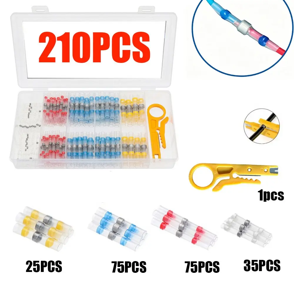 210pcs Boxed Wire Connectors, Insulated Soldering Tubing, Heat Shrink Terminals, Waterproof Connector Kit, Hot Melt Solder Ring, Knife Set