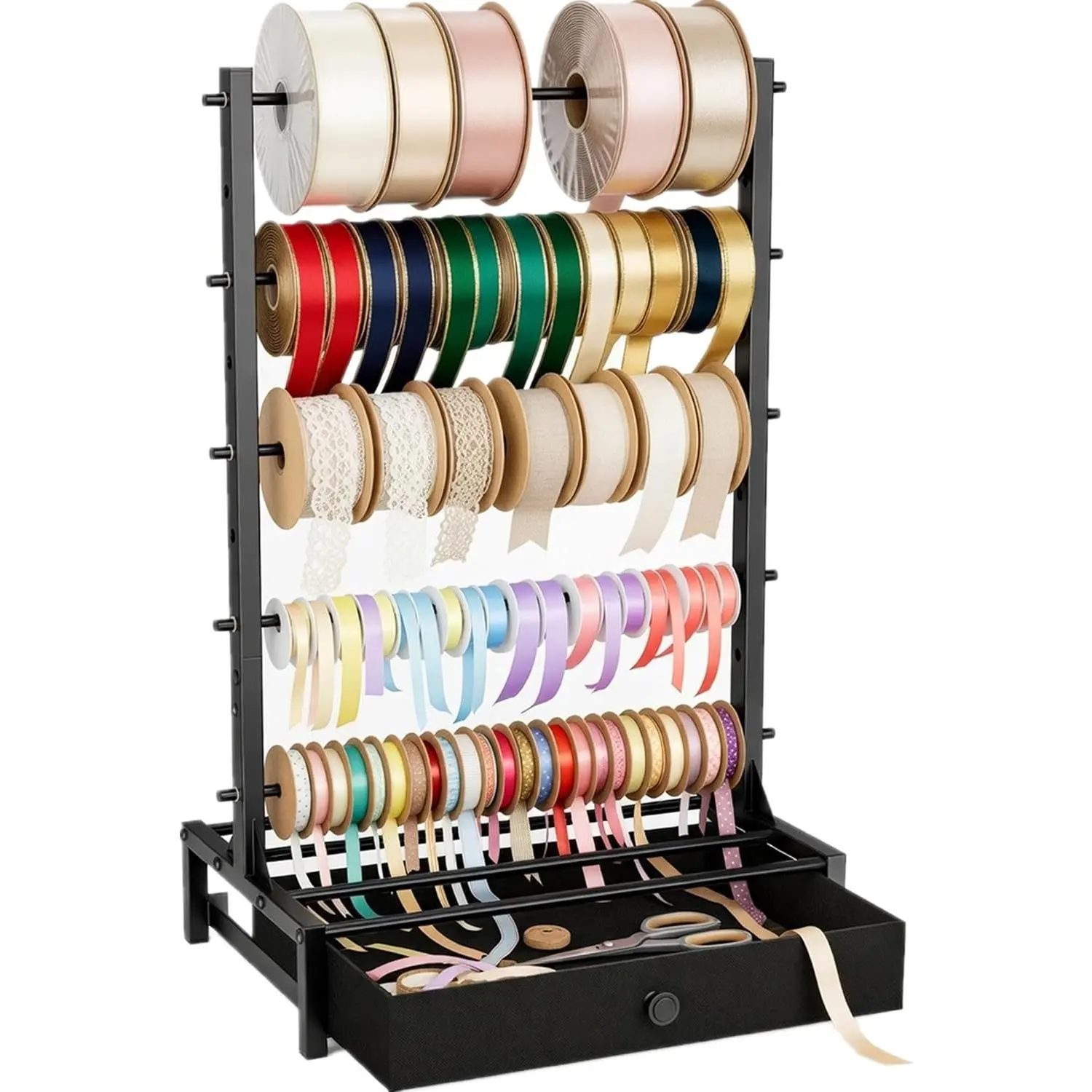 Ribbon Organizer with Fabric Drawer, Adjustable 5-Tier Ribbon Holder Rack | Stores  Wrap Ribbons, Craft Supplies, and Wrapping Tools with a  Metal Design for Easy Organization
