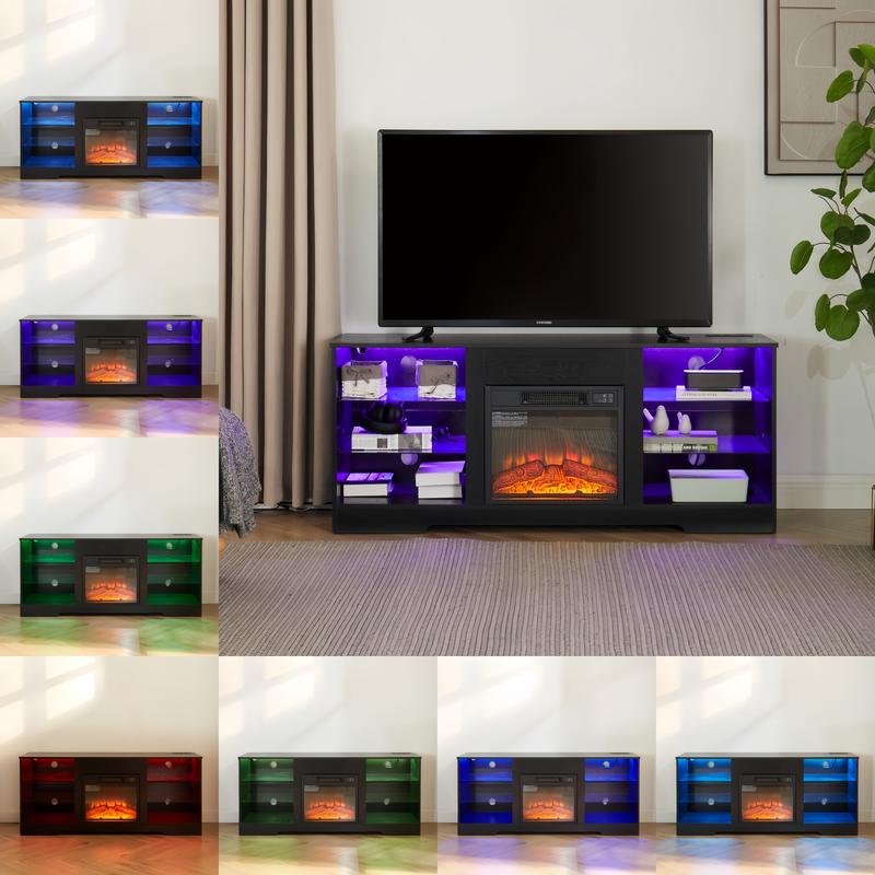 TV Stand Electric Fireplace  Glass Shelves, 3D Fireplace TV Stand with LED Lights Wood with USB Charging Outlet Modern Television Table Center for TV up to 62", 58''W*15.5''D*24.4