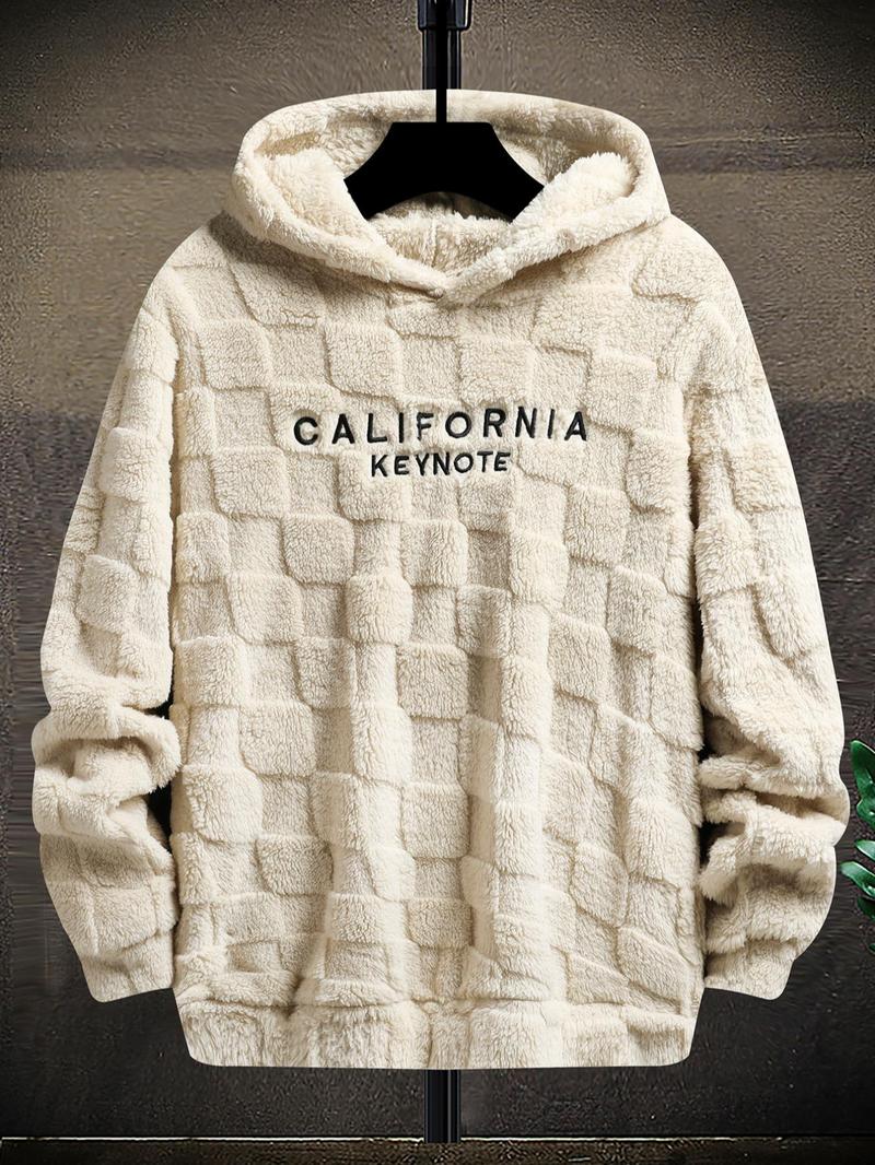 Men's Letter Embroidery Drop Shoulder Fuzzy Hoodie, Regular Fit Casual Fashion Fabric Long Sleeve Hooded Sweatshirt for Spring & Fall, Mens Clothing, Fashion Men's Longsleeves Clothes for Daily Wear, Streetwear, Trendy Clothes