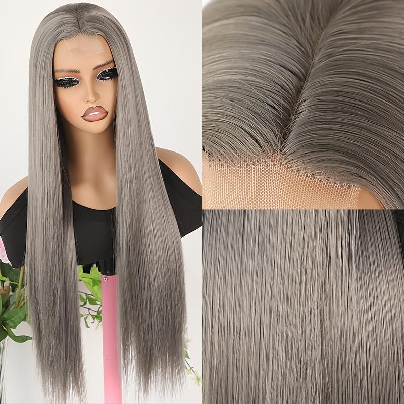 4*2 Inch Dark Grey Wigs for Women Long Straight Synthetic Small Lace Front Wig 26 Inch Middle Part Heat Resistant Gray Hair Replacement Wigs for Cosplay Daily Party Use