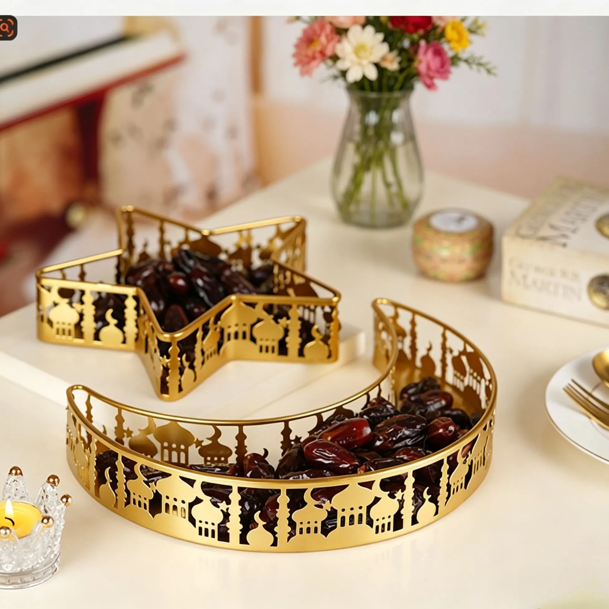 2 Piece Ramadan Tray Set, Metal Crescent Moon Star Shape, Islamic Festival Table Decor, Food Display Stand, Home & Party Decoration, Religious Decorations