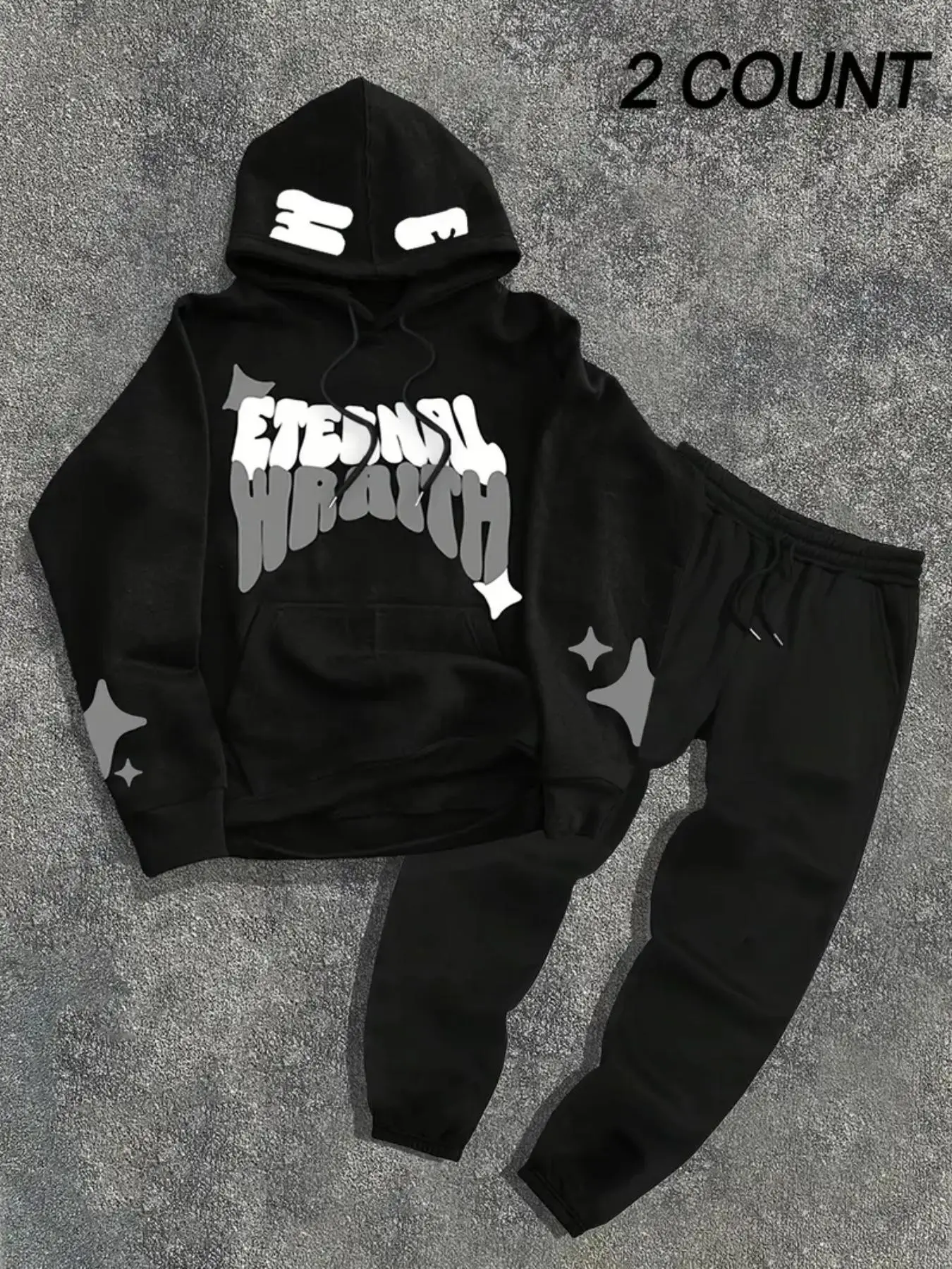 Men's Fleece Lined 2pcs Set, Eternal Wraith Letter Print Hoodie & Pants, Loose-Fit Y2K Style, Slight Stretch for Winter/autumn