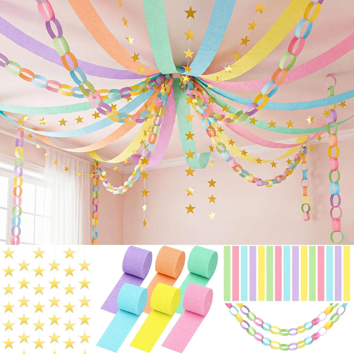 700 Sheet Macaron Paper Chain Strips and Star Garland Set, Pastel Paper Chains and 52 ft Gold Star Decor with 492 ft Crepe Paper Streamer for DIY Colorful Craft Birthday Wedding Theme Party
