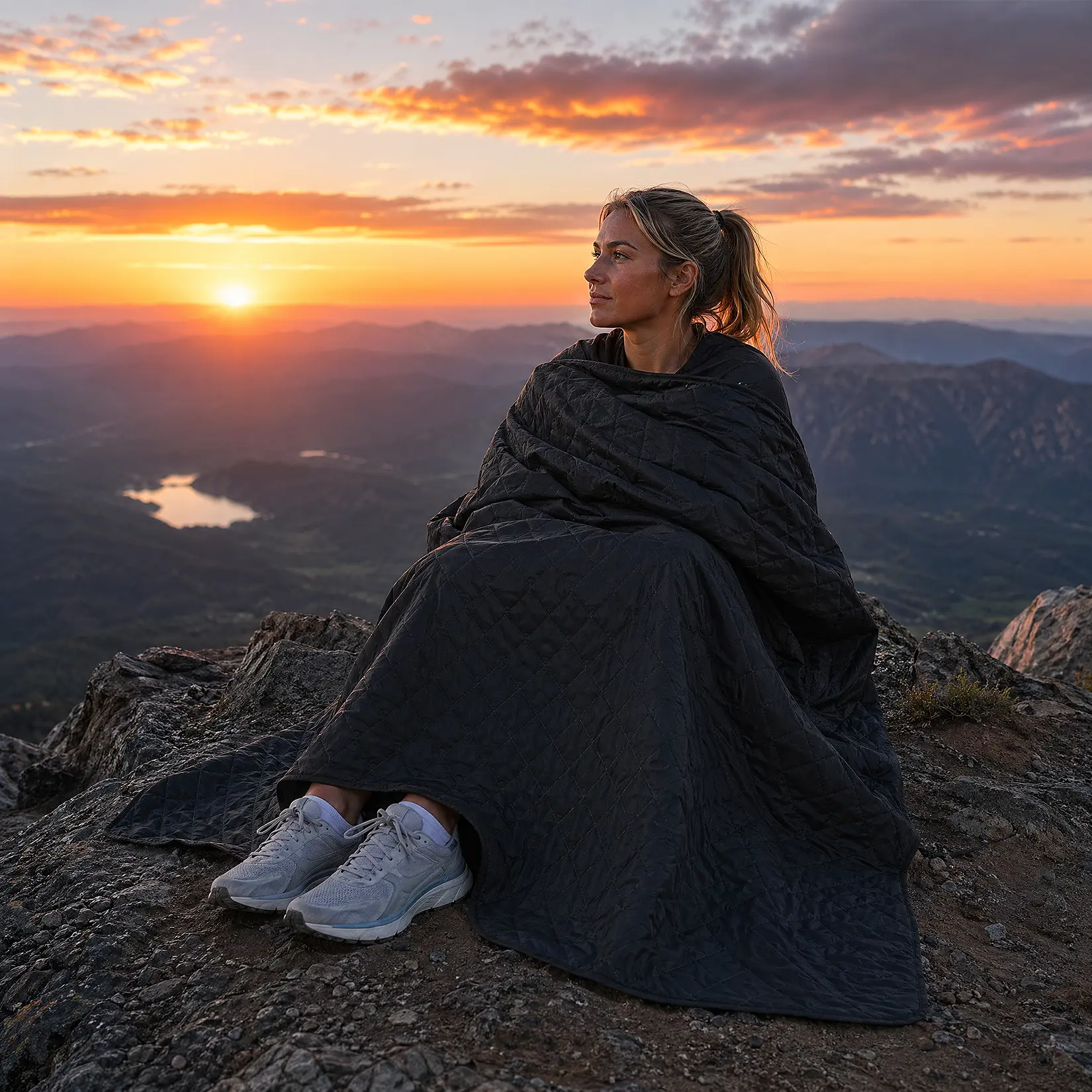 Waterproof Camping Picnic Blanket with Hooded Shawl, Detachable Hat, Hidden Pocket and Shoulder Strap Handbag, Washable 210T Polyester & Fleece Material, Black, 200x140cm