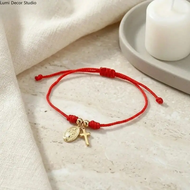 Christian Cross Bracelet Set - 9-Piece Adjustable Red String Rope Bracelets with Jesus Message for Daily Wear, Easter and Baptism