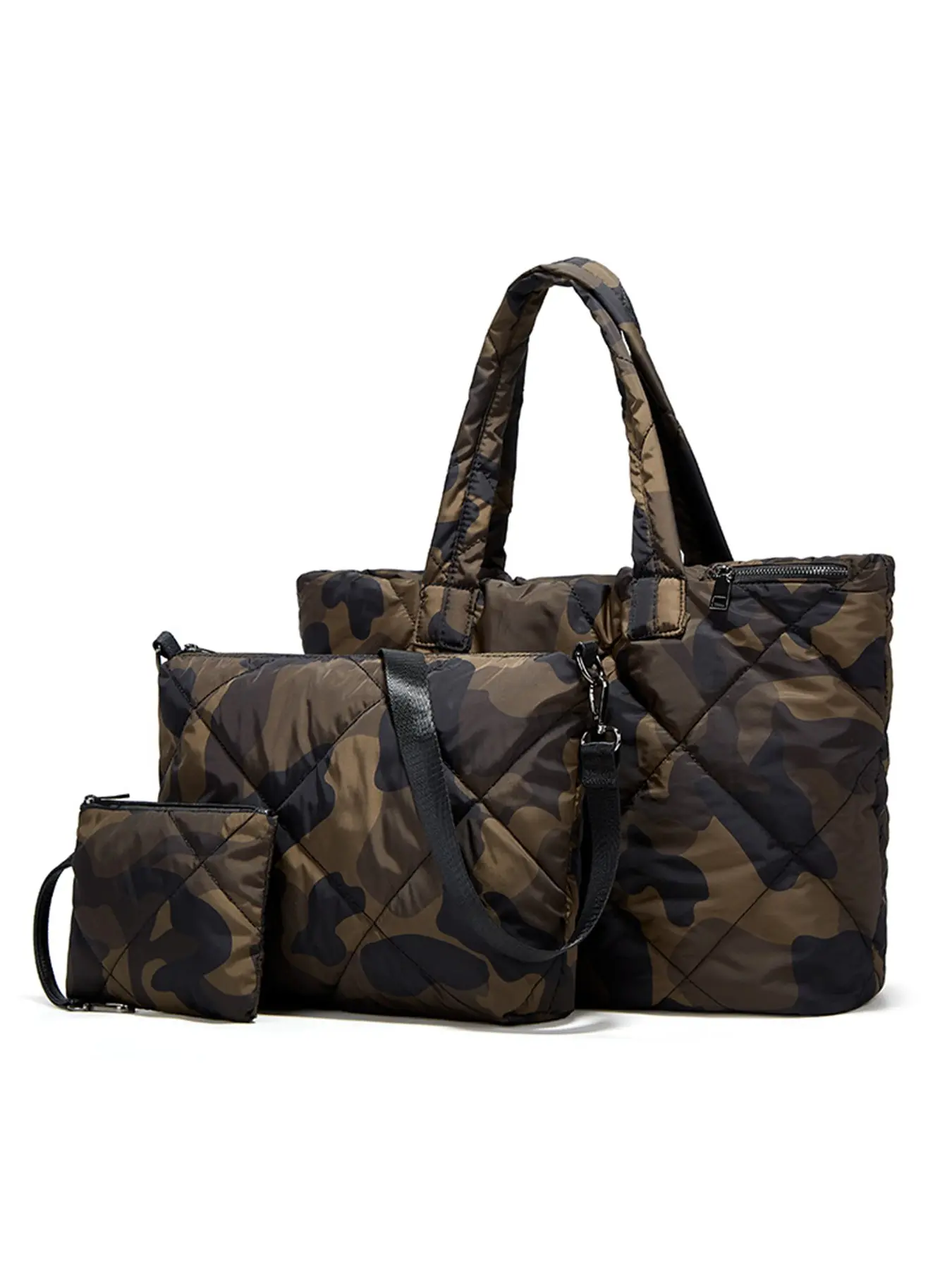 Quilted Puffer Nylon Tote Bag 3 Pieces Set, Large Capacity Lightweight Shoulder Crossbody Handbag, Women Daily Travel Office Commuter Bag