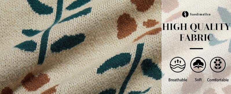 Saodimallsu Womens Floral Print V Neck Cardigan Open Front Button Down Knit Sweater Long Sleeve Loose Fashion Tops