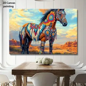 2D Flat, Native American-Inspired Horse Wall Art with Vibrant Feather Designs - Pine Wood Framed Canvas Painting for Living Room, Bedroom, Office Decor - Rustic Southwestern Home Décor, Horse Home Decor, Bedroom Artwork, Highdefinition Print, Vintage Styl