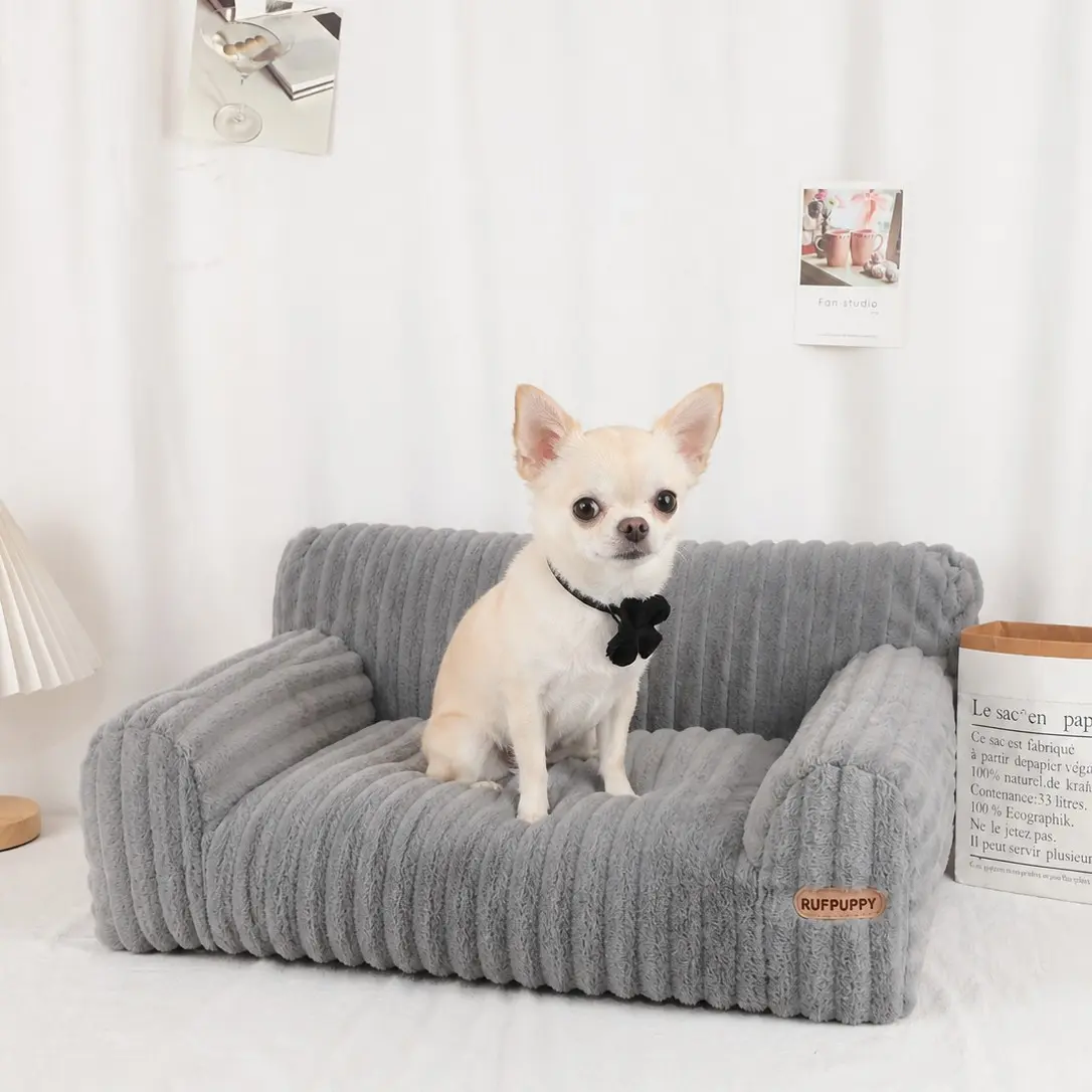 Pet Sofa Bed, Simple Striped Plush Style, Zipper Removable, Non-Slip Base, All-Season Indoor Use, Small Cats and Dogs, Home Furniture