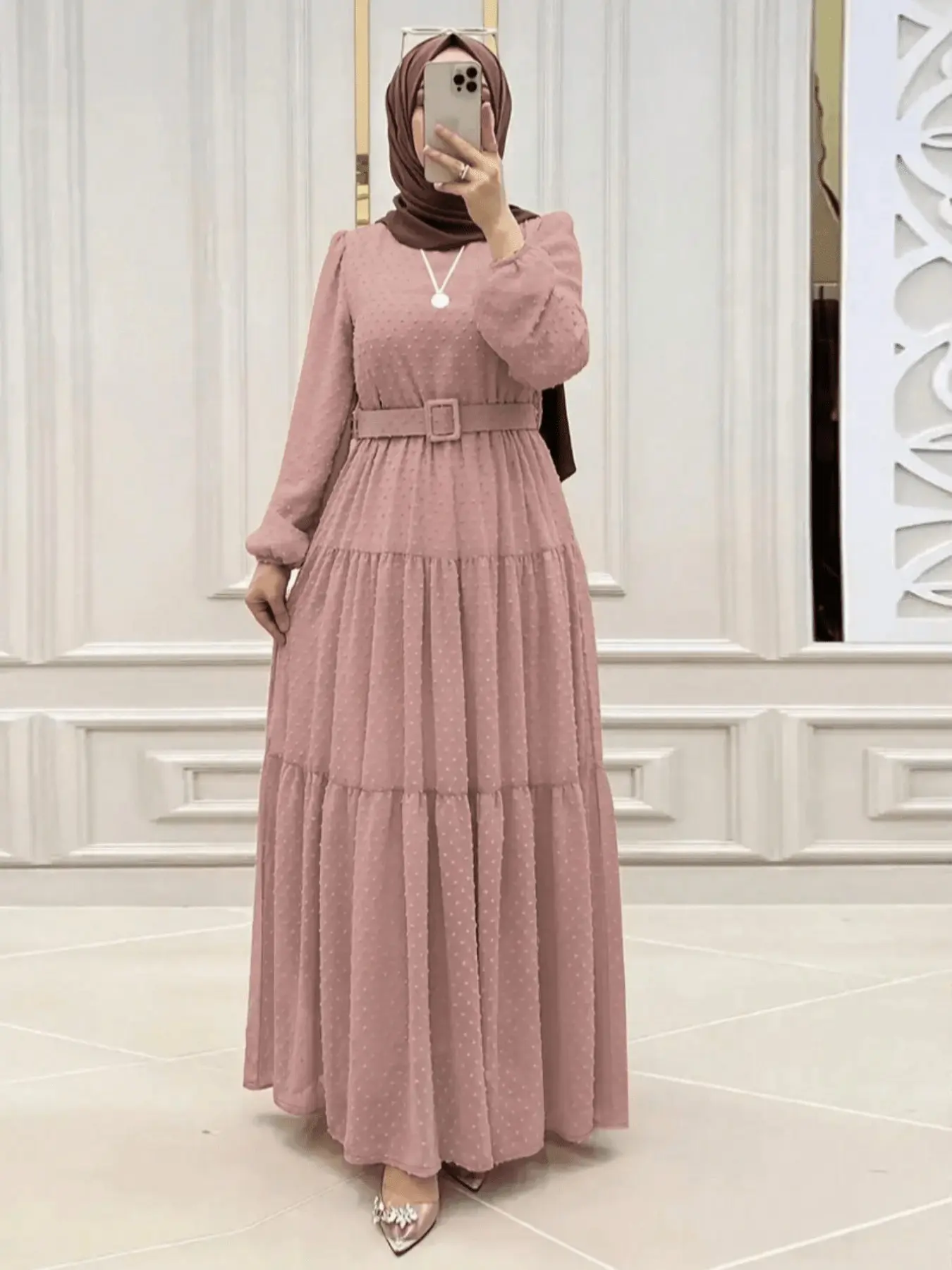 French Elegant Faux Fur Polka Dot Maxi Long Dress, Loose Fit Slimming Long Sleeve Dress with Belt, Stylish Women's Fashion
