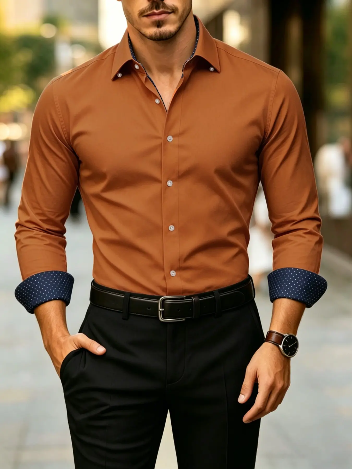 Luxury Business Casual Shirt for Men, High Quality Caramel Slim Fit Top with Contrast Cuffs, Perfect for Office, Dinner Dates & Formal Events, All-Day Comfort-CS6603