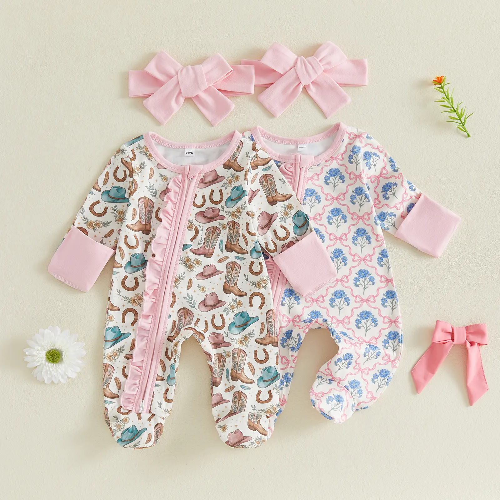 Babamoon Newborn Infant Baby Girl Fall Romper Outfits Print Long Sleeve Footed Jumpsuit and Bow Headband