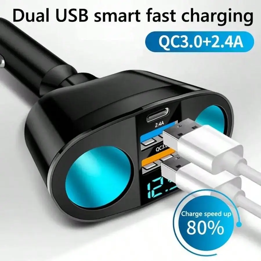 QC3.0 car charger cigarette lighter socket splitter 12V/24V dual USB power adapter car socket 5-port Type-C suitable for charging mobile phones and dash cams, new 66W ultra fast charging QC3.0 car charger one drive two use digital cigarette lighter multif