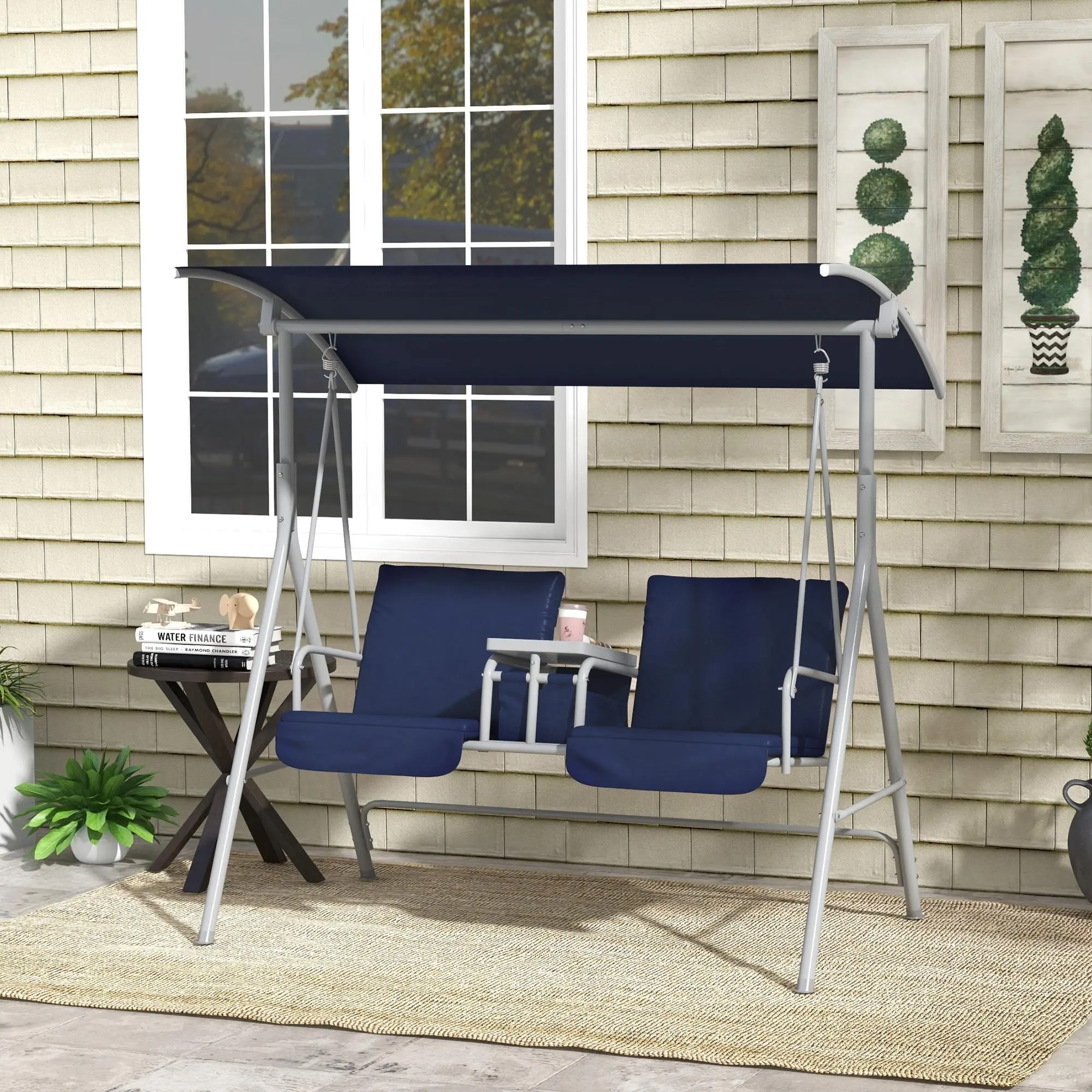 Outsunny 2 Seater Outdoor Porch Swing with Canopy & Table, Patio Swing Chair with Adjustable Shade Cover, Double Swing Bench for Garden, Backyard, Poolside, Deck, Lawn, Outdoor Relaxing Furniture, Comfortable Hanging Swing Seat, Dark Blue