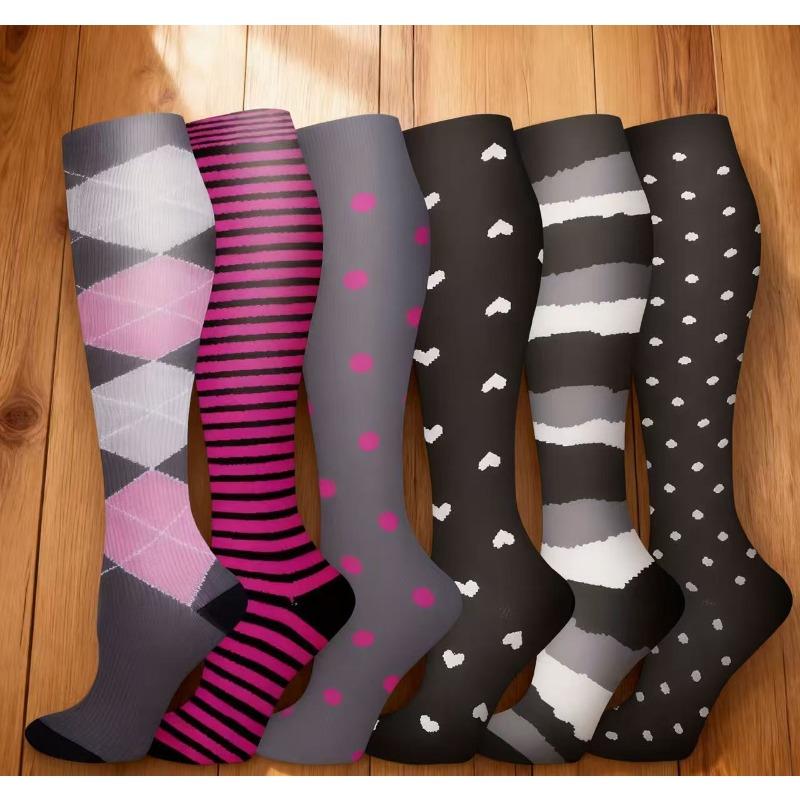 NEWLIFEJWL Sporty Knee High Compression Socks Set - 6 Pairs with Stylish Striped & Heart Prints, Performance & Recovery for Athletes, Gym, Casual Wear, Black & Multicolor