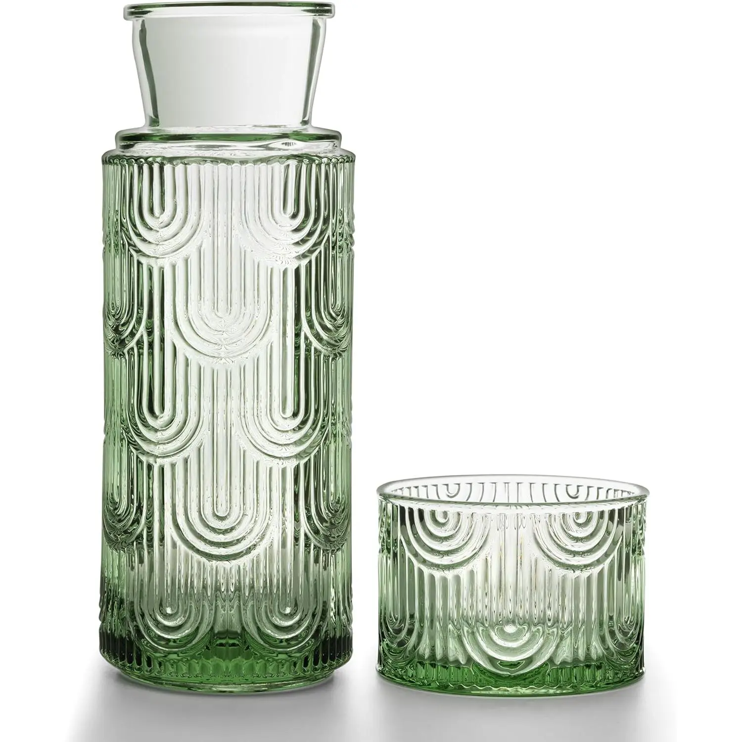 Bedside Water Carafe and Glass Set, Mouthwash Dispenser for Bathroom, 21.6 Oz Glass Water Bottles with 6 Oz Drinking Cup as Lid, Water Pitcher for Nightstand, Kitchen (Green)Gift.