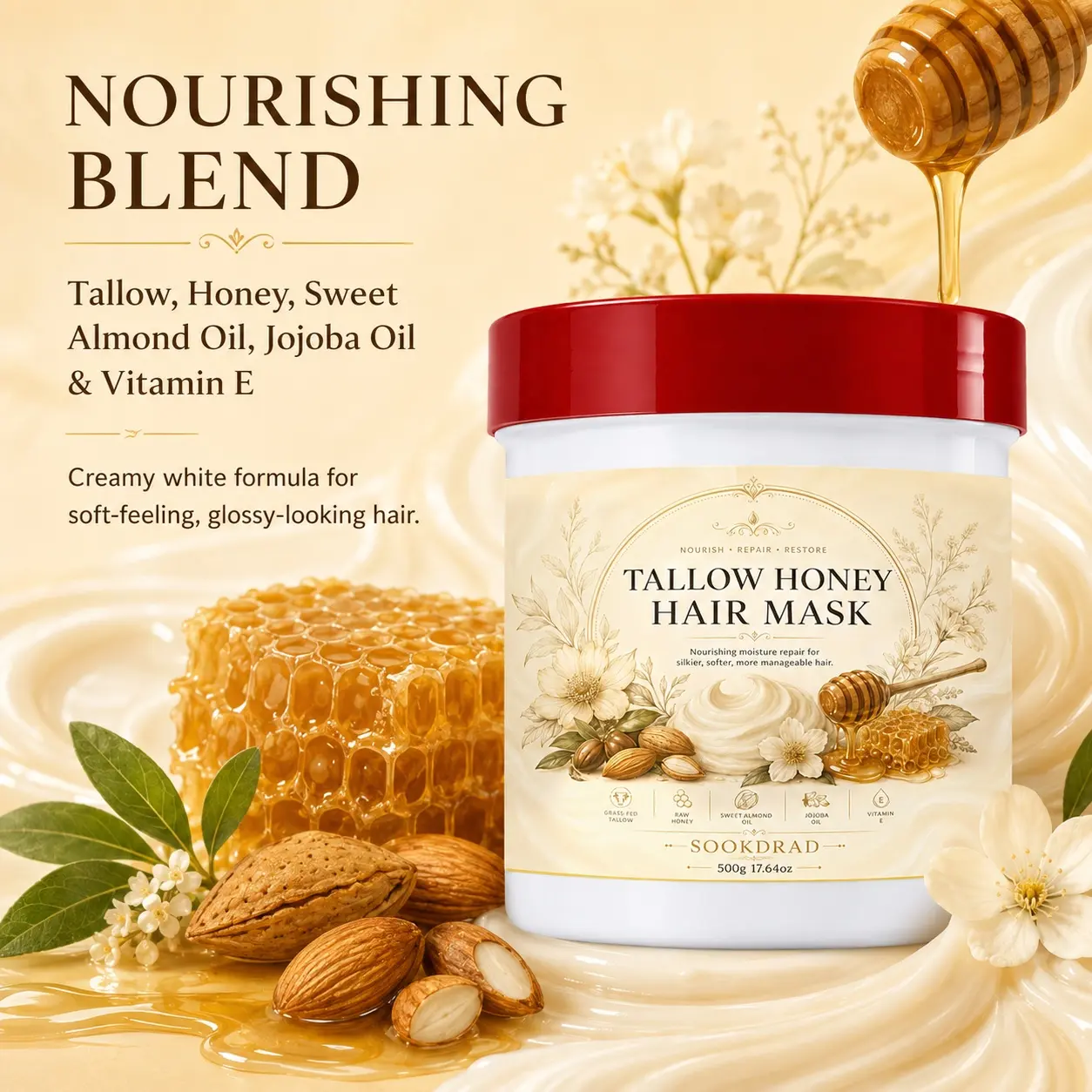 Tallow Honey Hair Mask, contains grass-fed tallow, raw honey, sweet almond oil, jojoba oil, vitamin E, nourishing moisture repair, for hair, suitable for all, makes hair silkier, softer, more