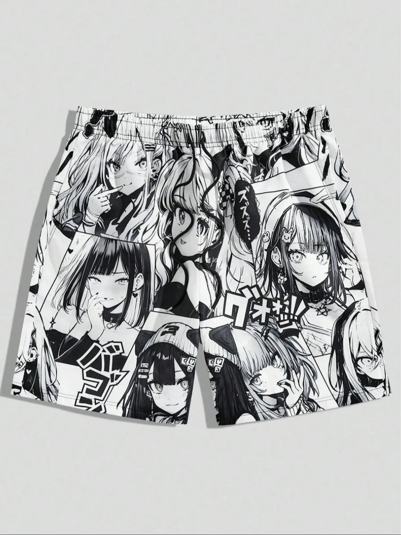 Men's Trendy Track Shorts, Casual Shorts, Menswear, Retro Japanese Anime Manga Graphic Wide Leg Drawstring Trousers, Street Style Men's Loose Athletic Shorts, Streetwear, Otaku Aesthetic, Y2K E-Boy Casual Wear Bottoms Suitable for Back to School