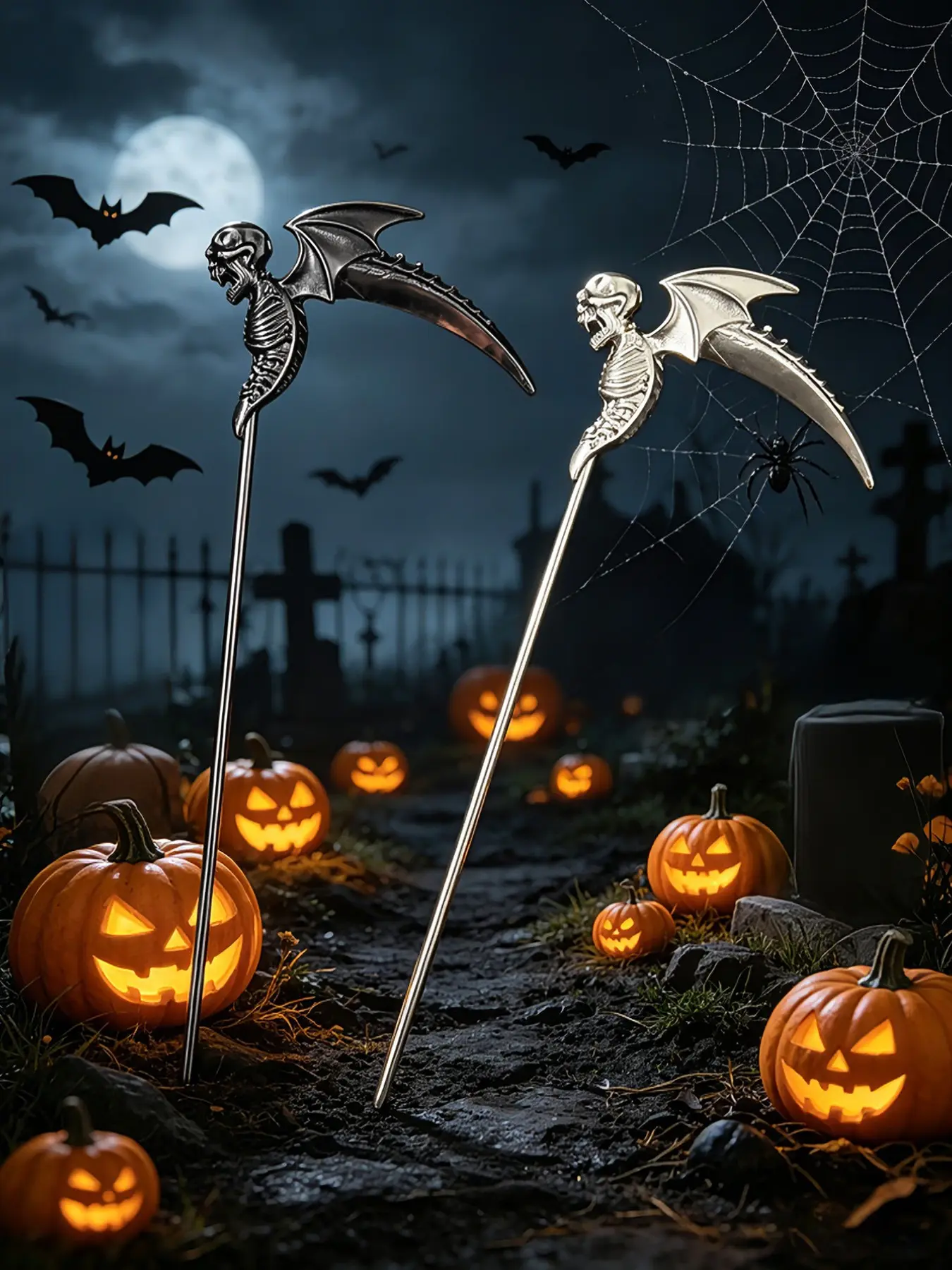 2pcs Halloween Creative Metal Skull Wings Scythe Hair Pins, Dark Theme Bun Accessories, Perfect for Festive Parties and Events
