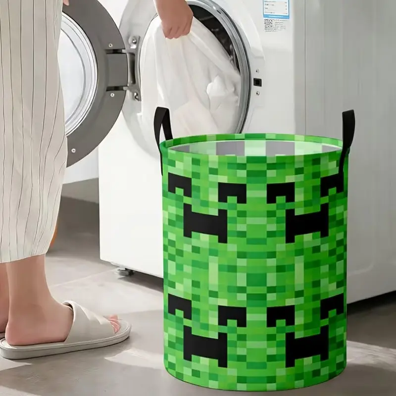 1pc Laundry Hamper - Green Pixelated Figure Pattern Design, Foldable with Handles, Storage Organizer, Durable Polyester Fiber, Suitable for Bedroom and Home Decor, Laundry Basket, Perfect Home Decor, Laundry Room Accessories, Laundry Hamper