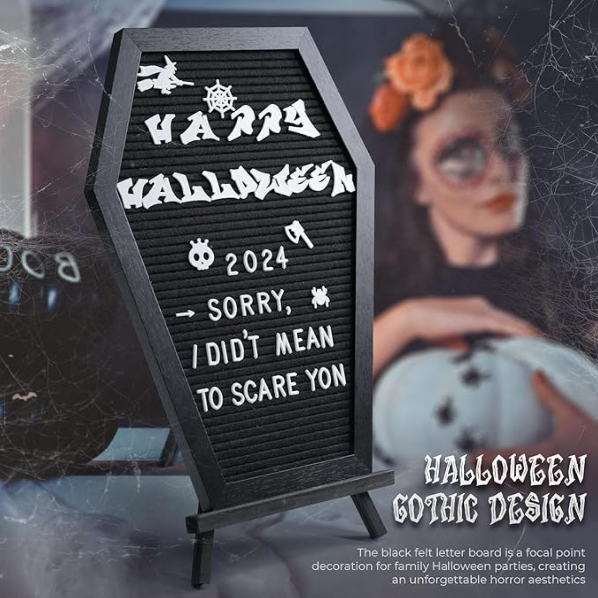 Coffin Letter Board Sign with 500 Characters Spooky Halloween Characters Wooden Stand and Canvas Bag 16 x 11 Inches Halloween Coffin Felt Letter Board for Home Gothic Halloween Decor