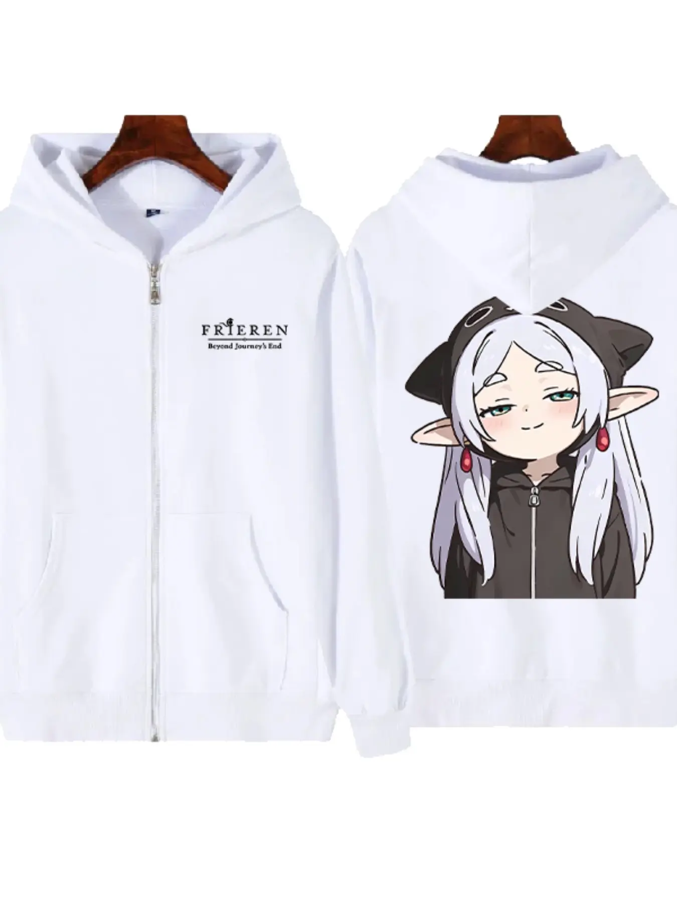 Frieren Print Hoodie, Loose-Fitting Zip-Up Sweatshirt, Casual Anime Style, All-Seasons Wear, Double-Sided Print, Raised Fiber Surface
