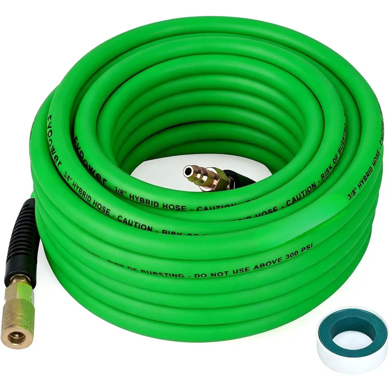 Air Compressor Hose 3/8 Inch x 50 Feet Hybrid Hose with Fittings, Flexible and Kink Resistant, 1/4" Industrial Quick Coupler and Plug Kit - Green