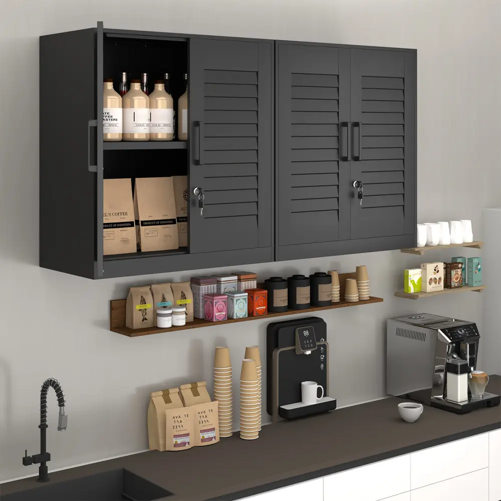 Metal Wall Cabinet with Lock, Wall Mounted Garage Storage Cabinet with Adjustable Shelves, Steel Garage Organizer Cabinet for Tools, Workshop, Basement, Utility Room, Pantry Storage, Heavy Duty Storage Locker with Handle, Space Saving Storage Solution