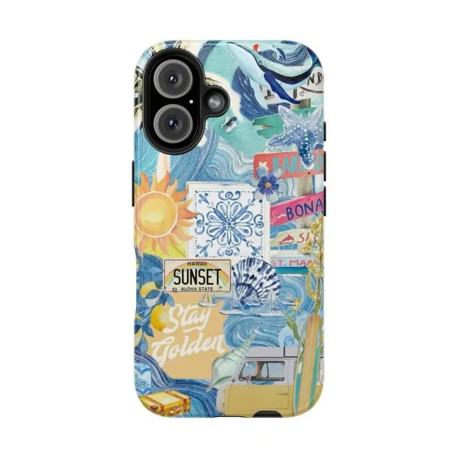 Hawaii Summer Beach Collage Phone Case Shockproof Protective Cover For iPhone 11 12 13 14 15 16 17 Pro Max Tropical Surf Vacation Aesthetic Anti-Scratch Hard Shell