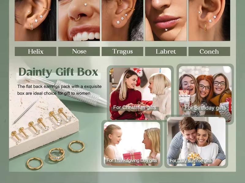 Viral 14K Gold Plated Flat Back Stud Hoop Earrings Nose Rings Studs for Women 316L Surgical Steel Stud Piercing Jewelry for Tragus Helix Cartilage Nose Hypoallergenic Lip Labret Medusa Piercing