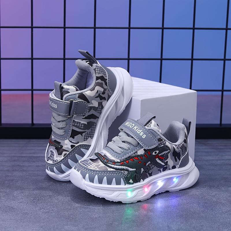 Youngsters' LED Dinosaur Sneakers - Boys' Glow-in-the-Dark T-Rex Sneakers with Flashing Lights, Camouflage & Solid Patterns, Hook-and-loop Fastener Closure, Ages 1-6, Perfect for Casual Play,  Dinosaur Themed Shoes |         Durab High Top Kid