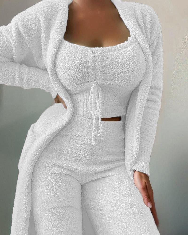 Vista X Women'S Plush 3-Piece Lace-Up Pajamas Set Casual Suit Home Clothes Loungewear Nightwear Pajamas