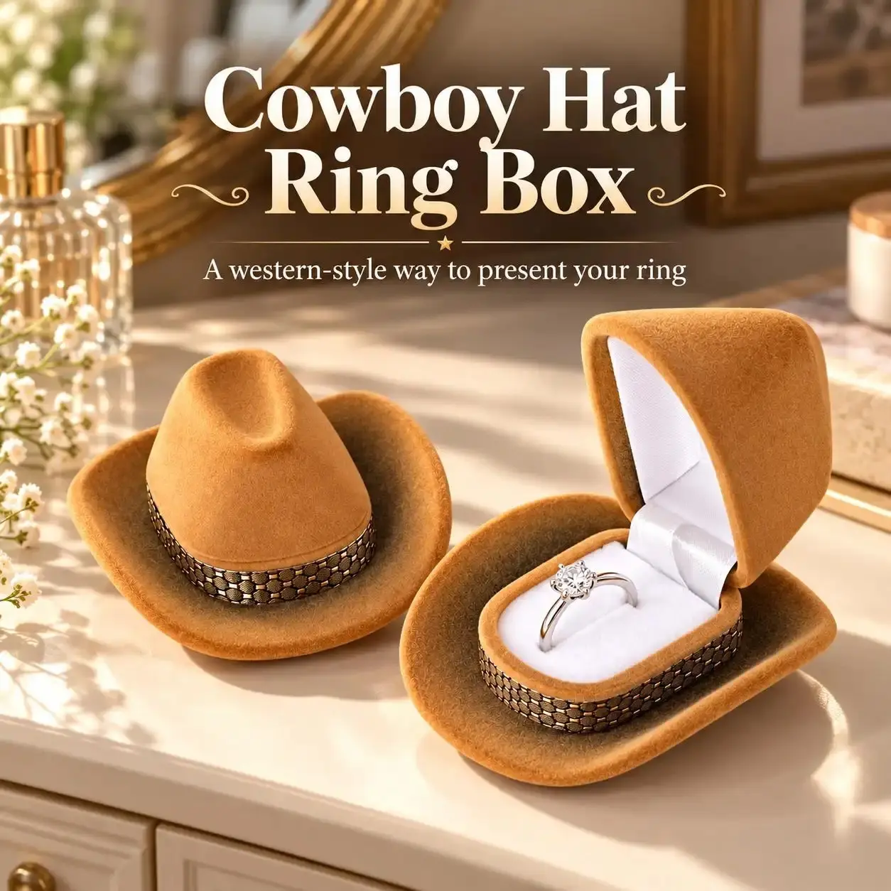 Mini Velvet Western Cowboy Hat Ring Box Portable Travel Jewelry Holder Perfect For Proposal Engagement Wedding Anniversary Valentine's Day Birthday Christmas Gift For Her Girlfriend Wife Fiancée Cowboy Lovers