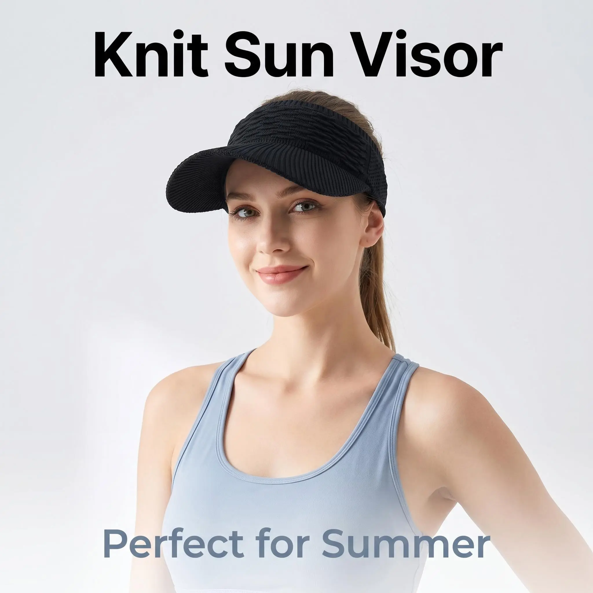 2Pcs Women's High Ponytail Sun Visor Hat, SunSafeTok That Girl Aesthetic Breathable Open-Top UV Protection Cap, Classic Black & Sand Beige Knit Wide Brim Sun Hats, Birthday Gift for Her Running Hiking Beach Travel Outdoor Daily Wear