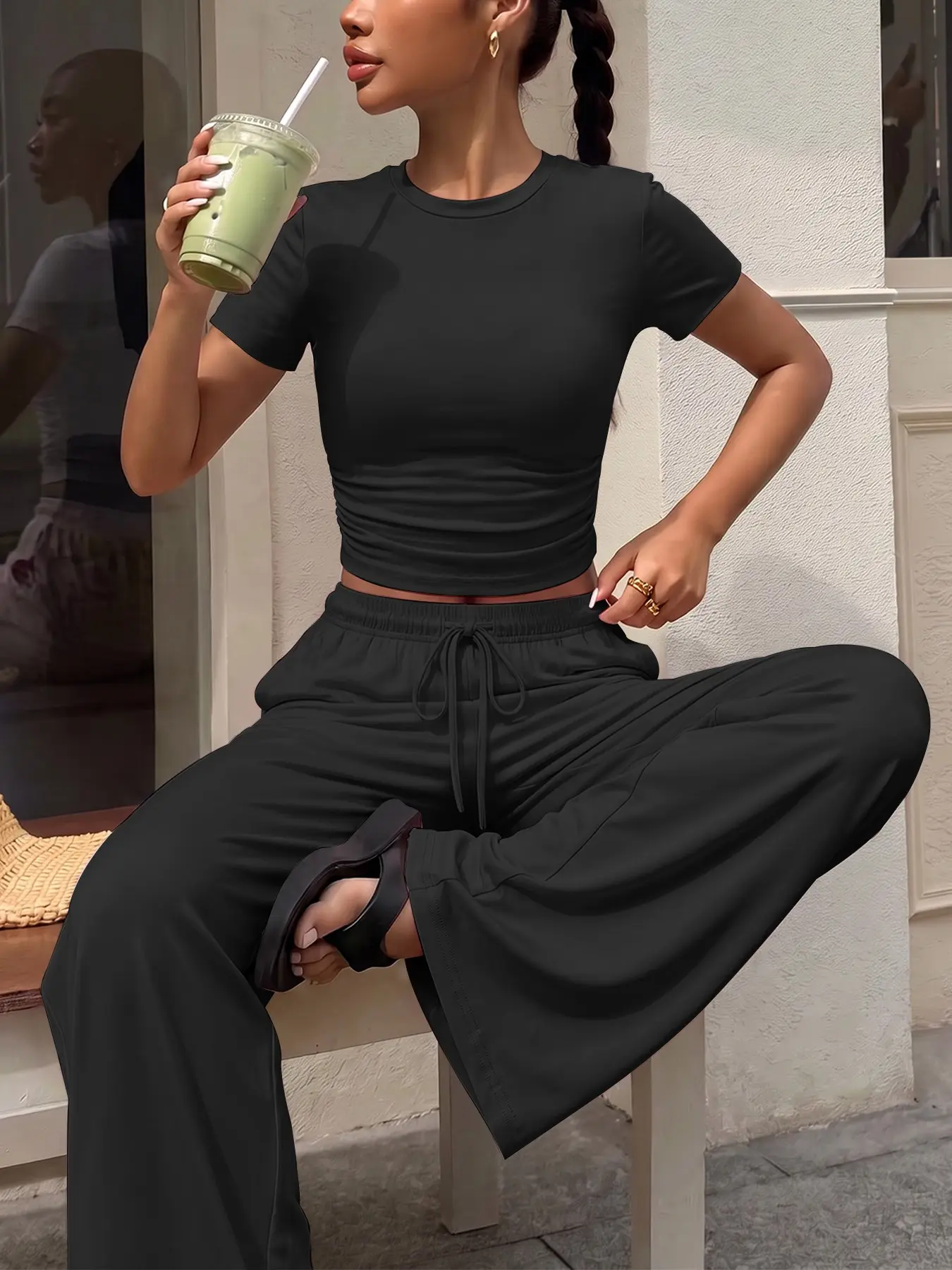 Minimalist Monochromatic Two-Piece Casual Set for Women, Cropped Short-Sleeve Top with Crew Neck, Wide-Leg Trousers with Drawstring Waist