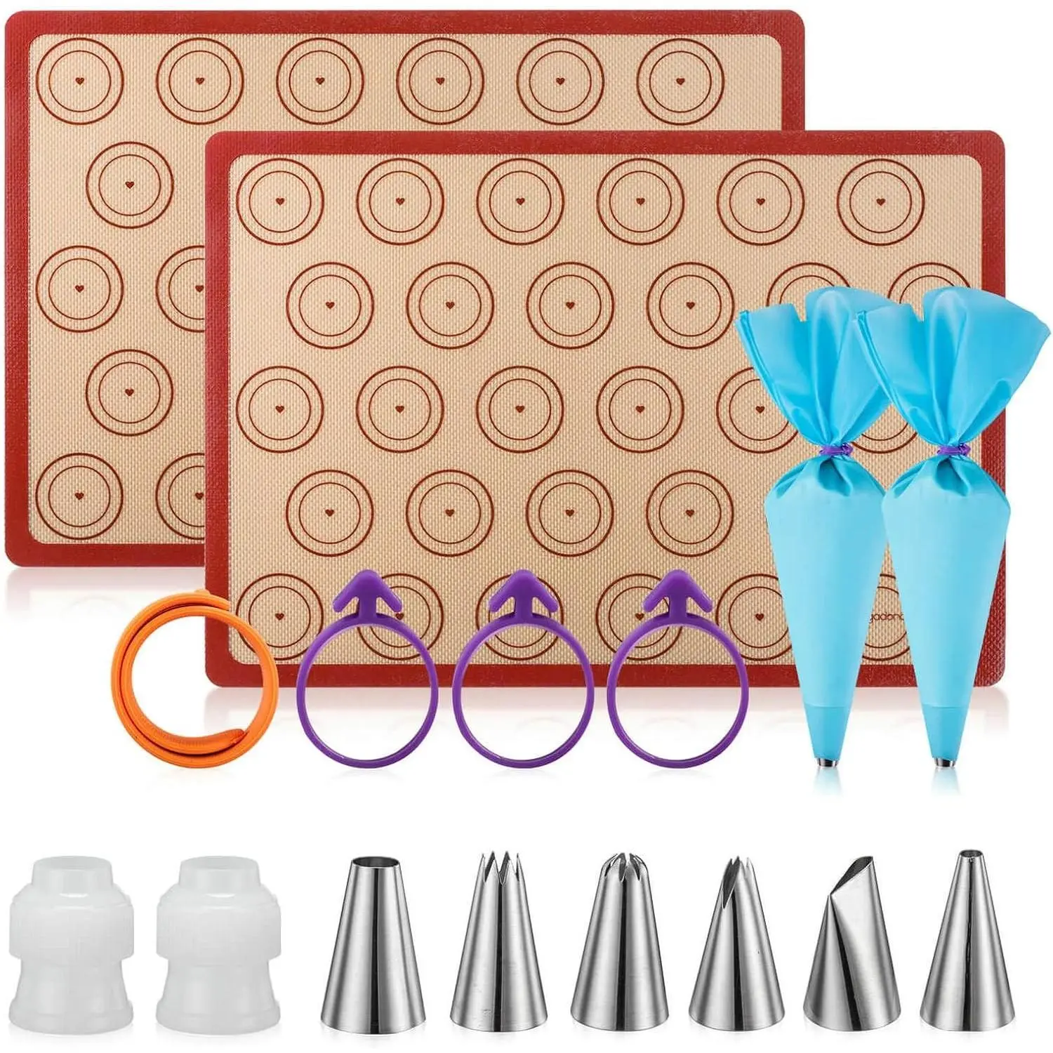 16pcs Macaron Silicone Baking Mats Kit - 2 Nonstick Half Sheet Macaron Silicone Mats, 6 Piping Tips, 2 Piping Bags, 3 Bag Ties, 2 Couplers for Baking