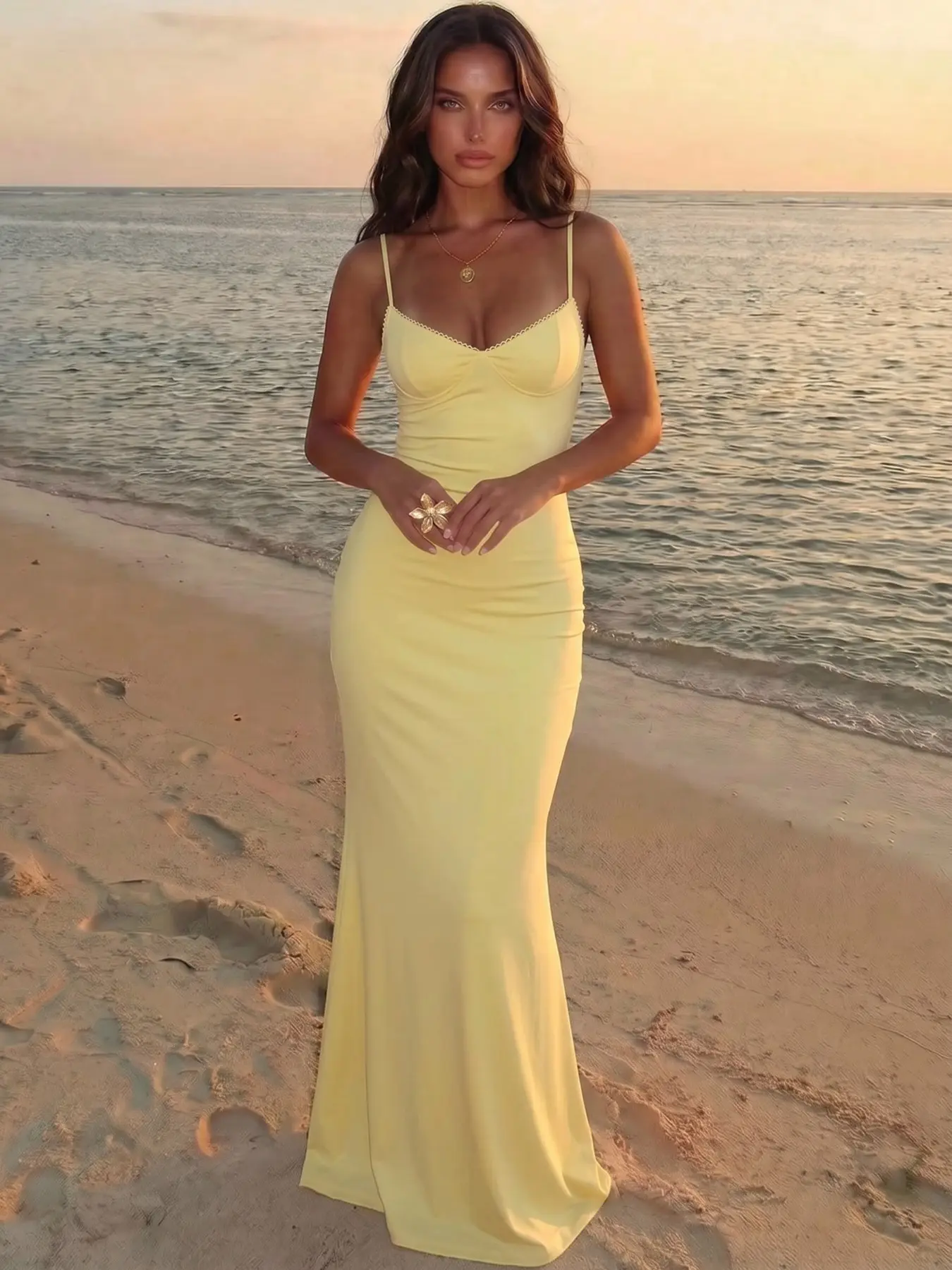 Pastel Yellow Lace Trim V Neck Spaghetti Strap, Elegance, Sleeveless Mermaid Maxi Dress Women Stretch Knit Bodycon Floor Length Beach Wedding Guest Cocktail Resort Evening Slip Gown
