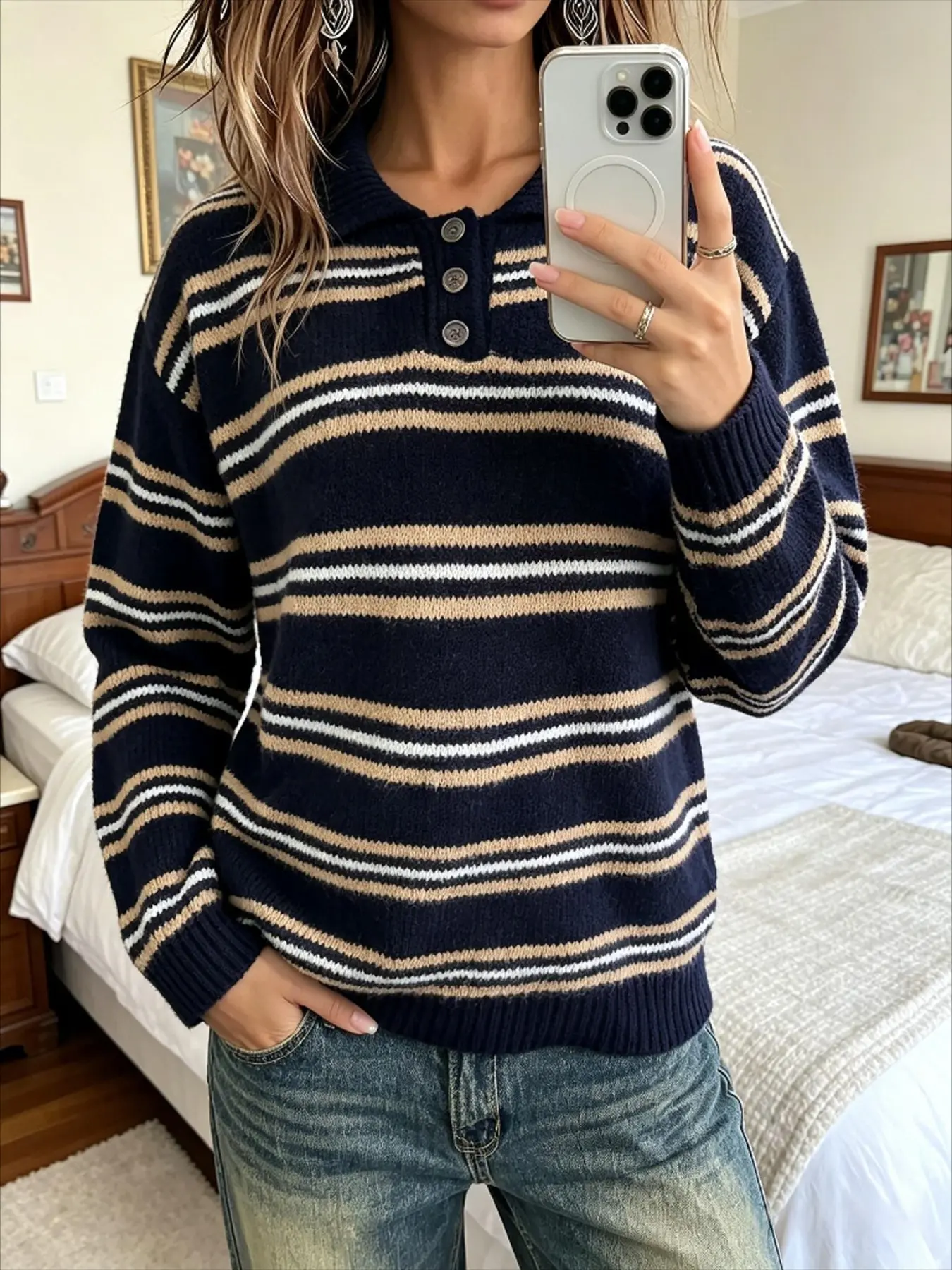 Women's Fall Winter Plus Size Navy Striped Polo Neck Knit Sweater, American Vintage Casual Style, Daily Commute, Street Outing, Autumn Leisure Wear
