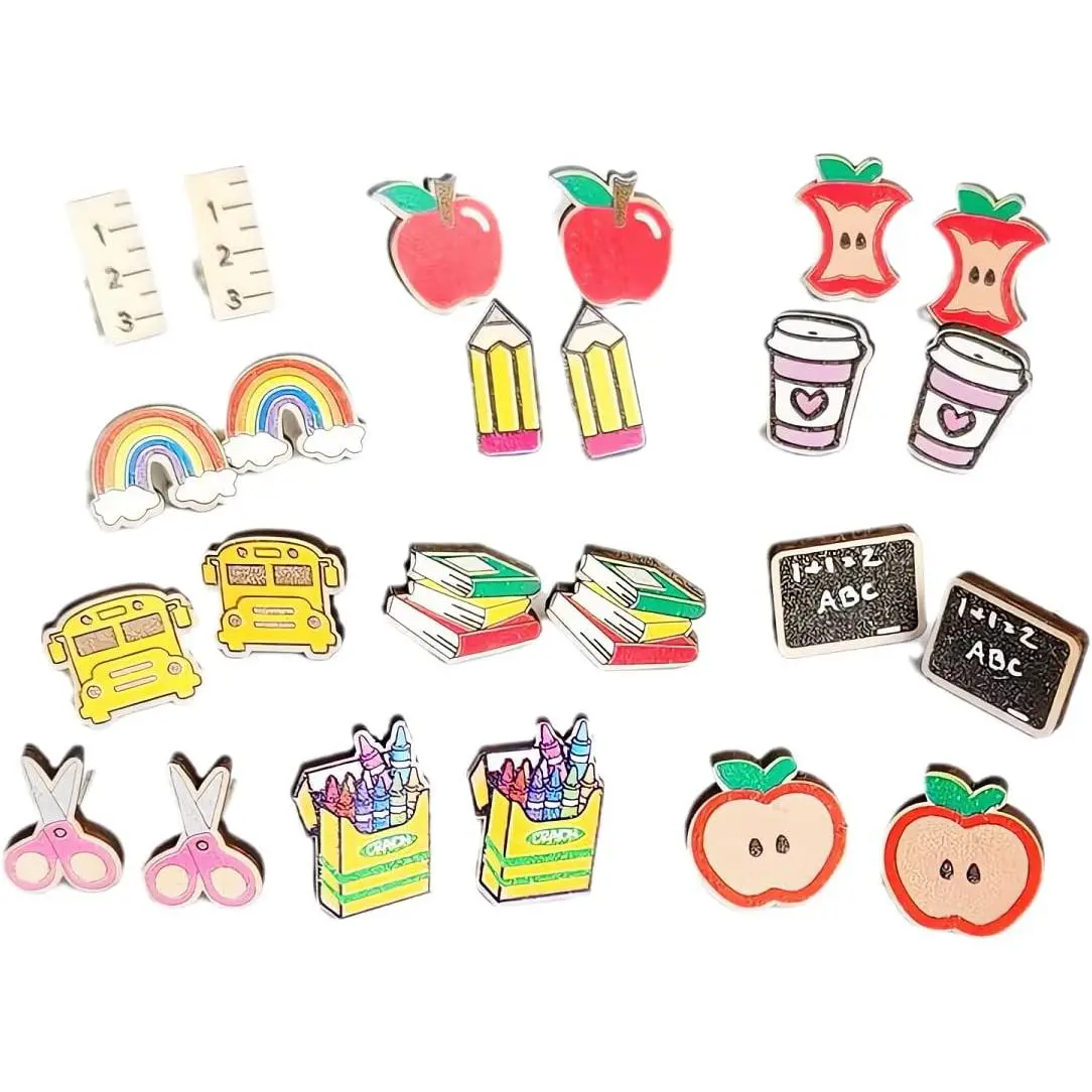 Women's Teacher Student Alloy Wood Lightweight Stud Earrings Set, Rainbow Shapes Ruler Pencils Crayon Book Design Fashion Costume Jewelry Accessories