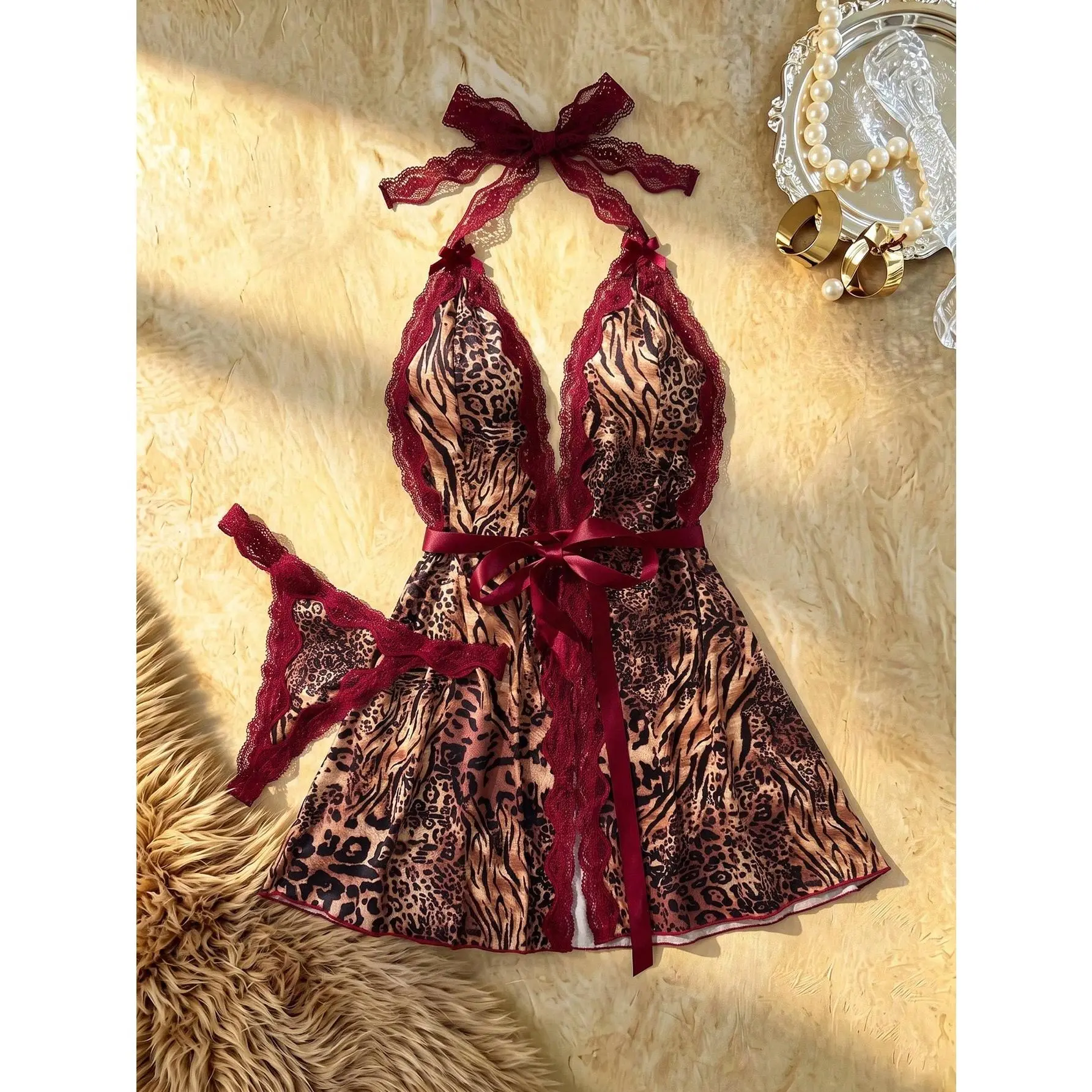 Women's 2-Piece Leopard Print Babydoll Lingerie Set - Sleeveless Tie-Front Halter Mini Dress with Lace, Thong, Soft Fabric, Comfortable Loungewear